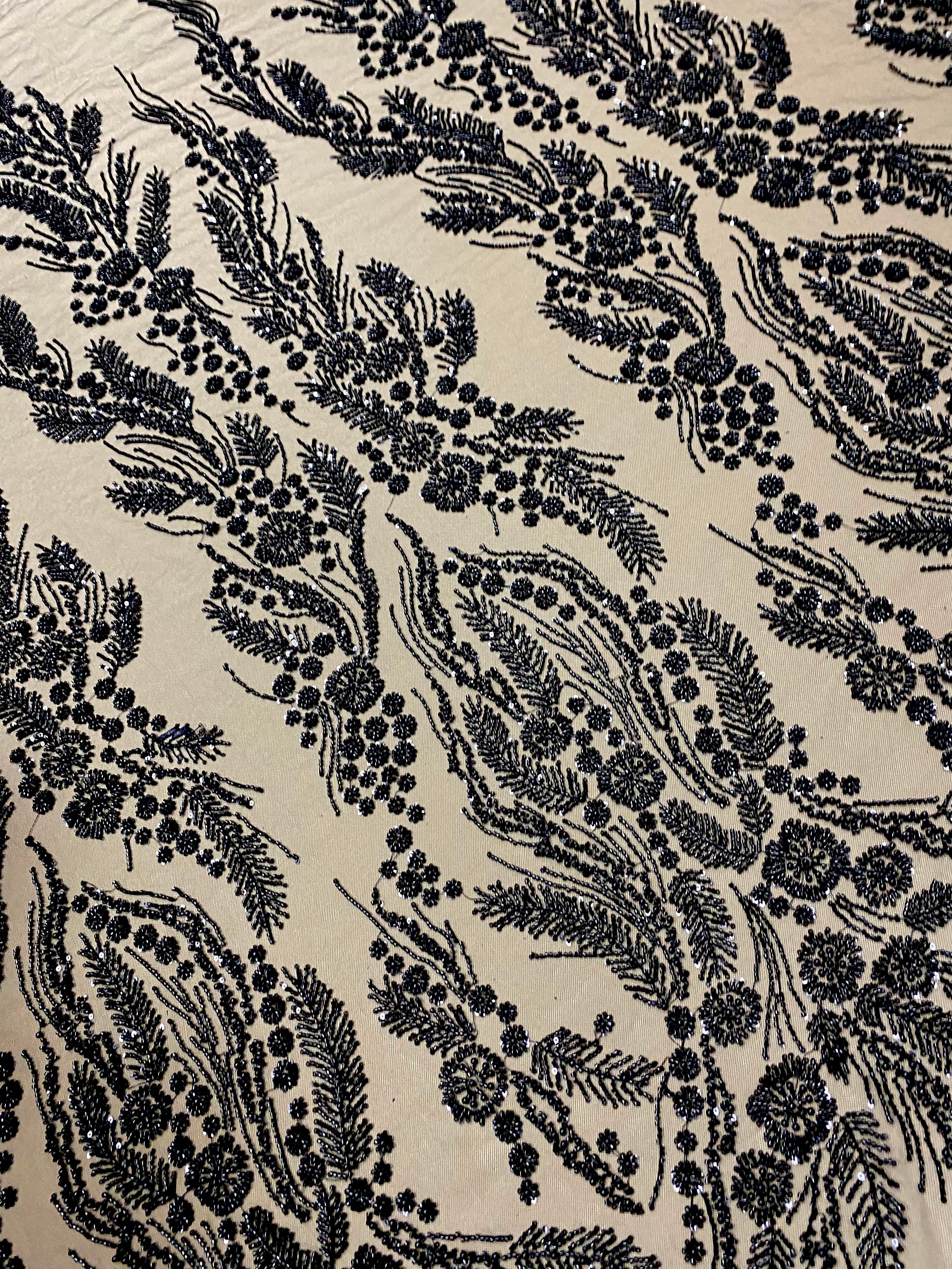 Dantela Couture Neagra cu Model Floral, Perle, Margele si Paiete