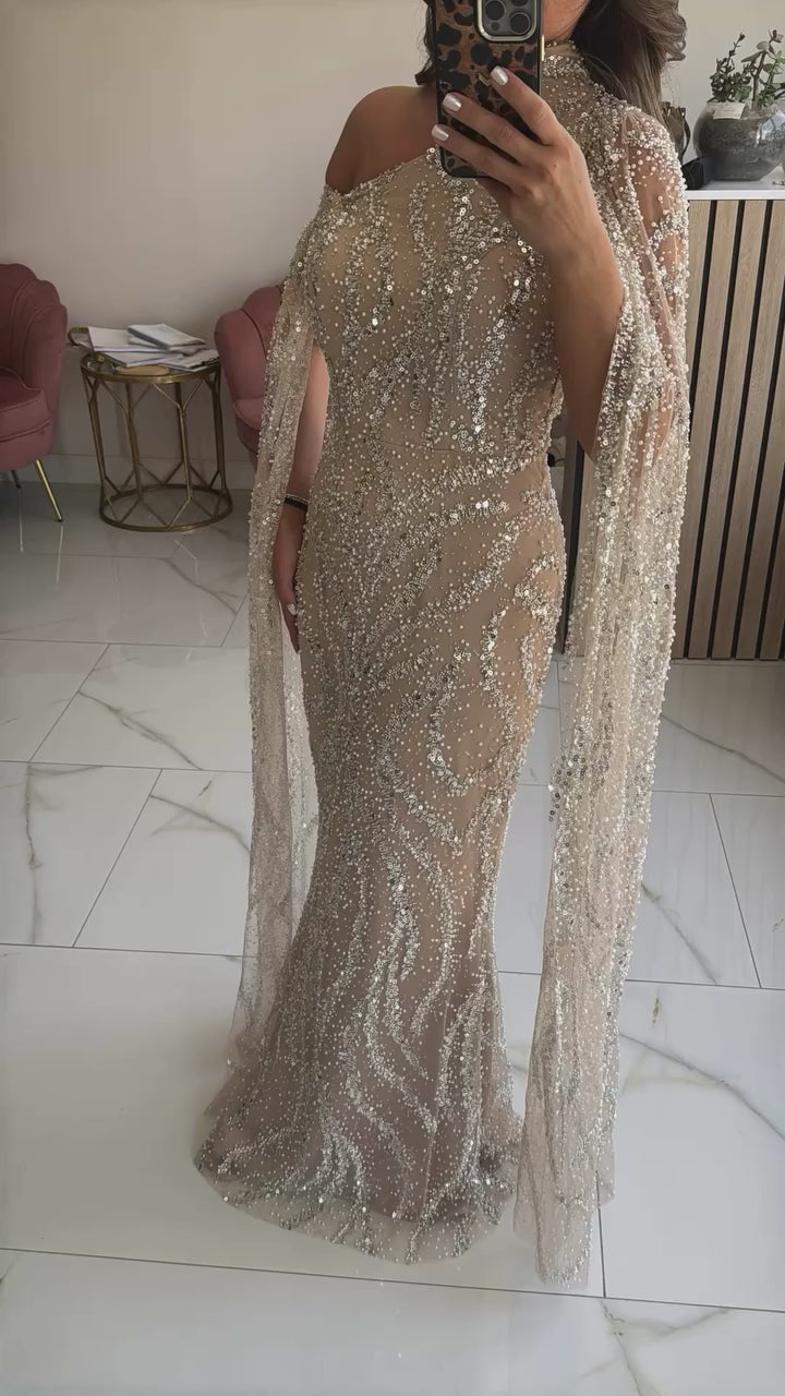 Silver Lace with Nude Tulle with Linear Pattern, Beads and Sequins