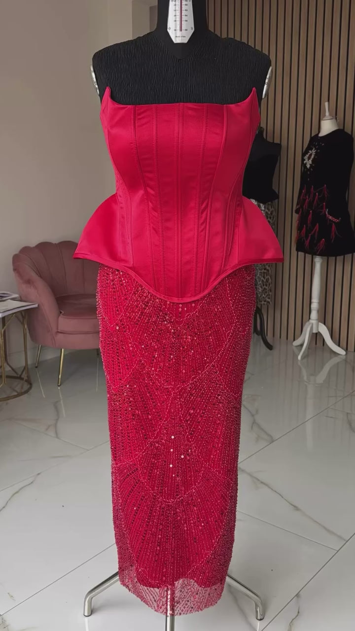 Red Couture Lace with Geometric Pattern, with Pearls, Beads and Sequins