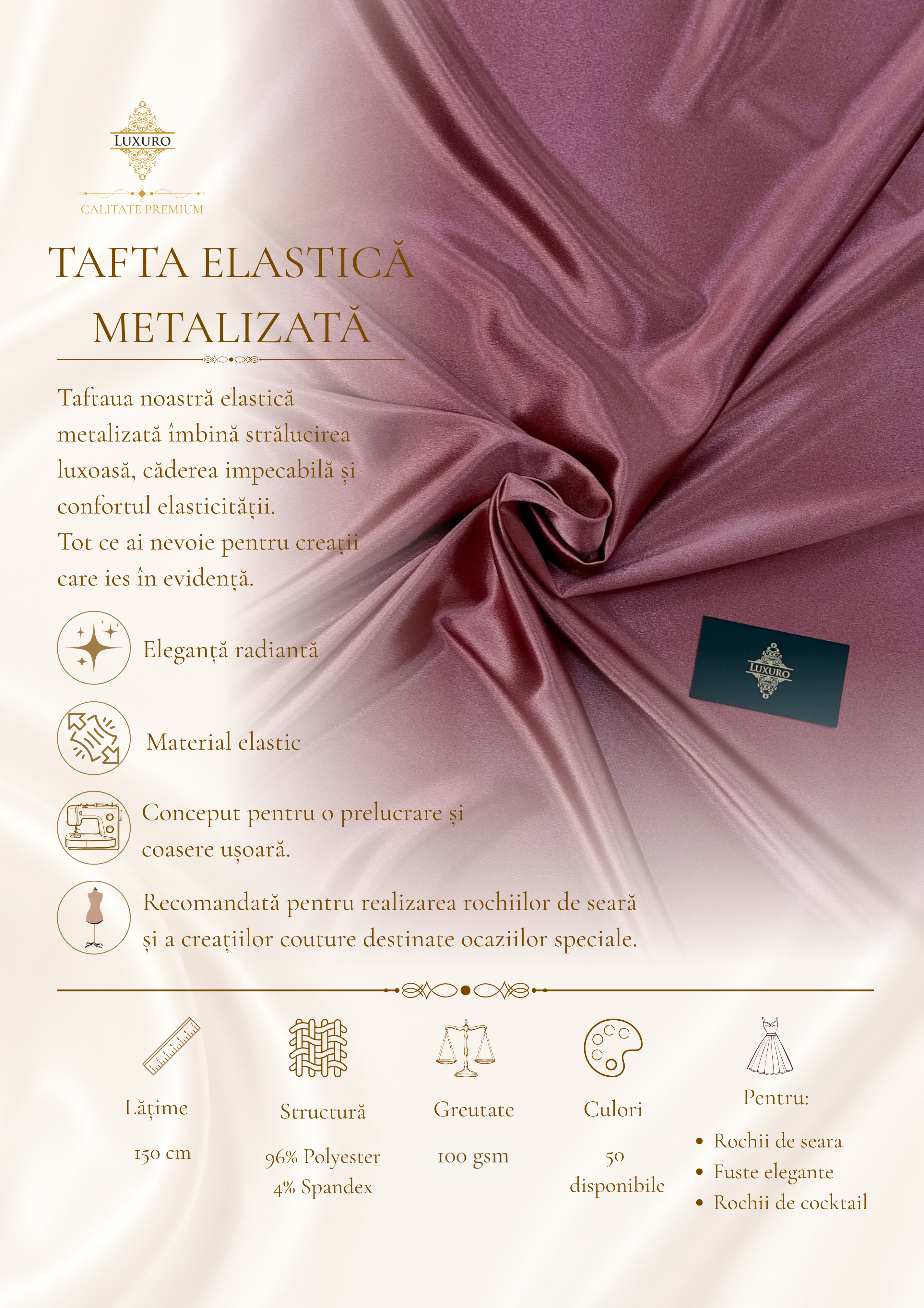 Sötét rózsaszín metálfényű elasztikus taft