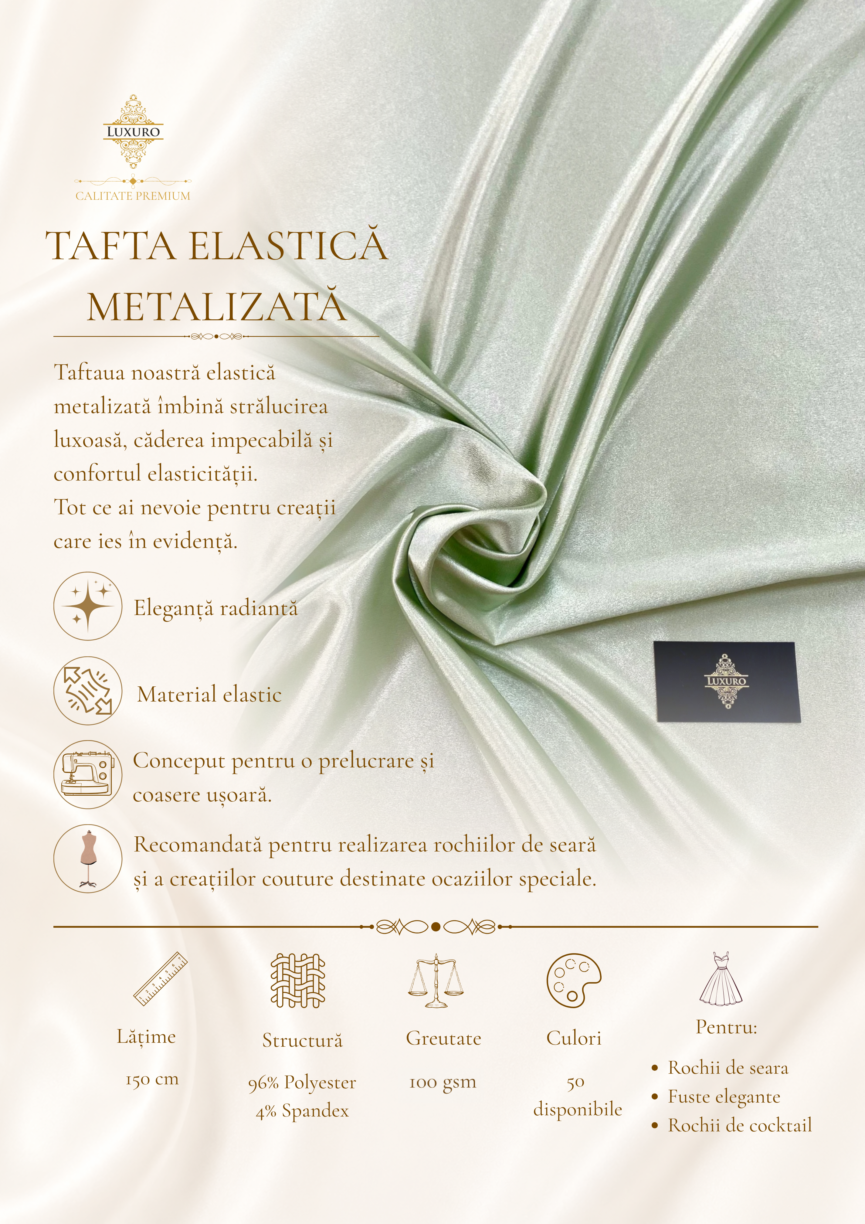 Világos menta metálfényű elasztikus taft