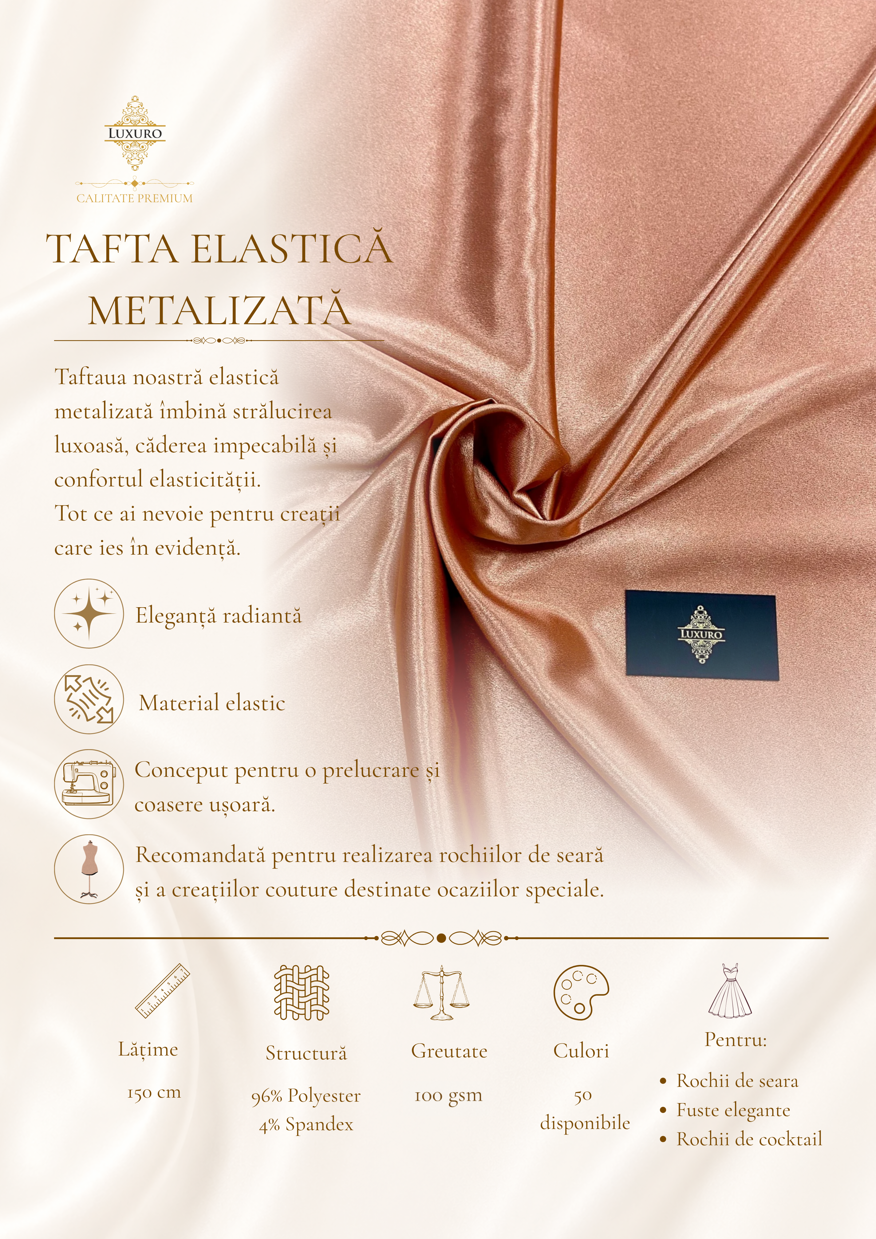 Tafta Elastica Metalizata Auriu-Rose