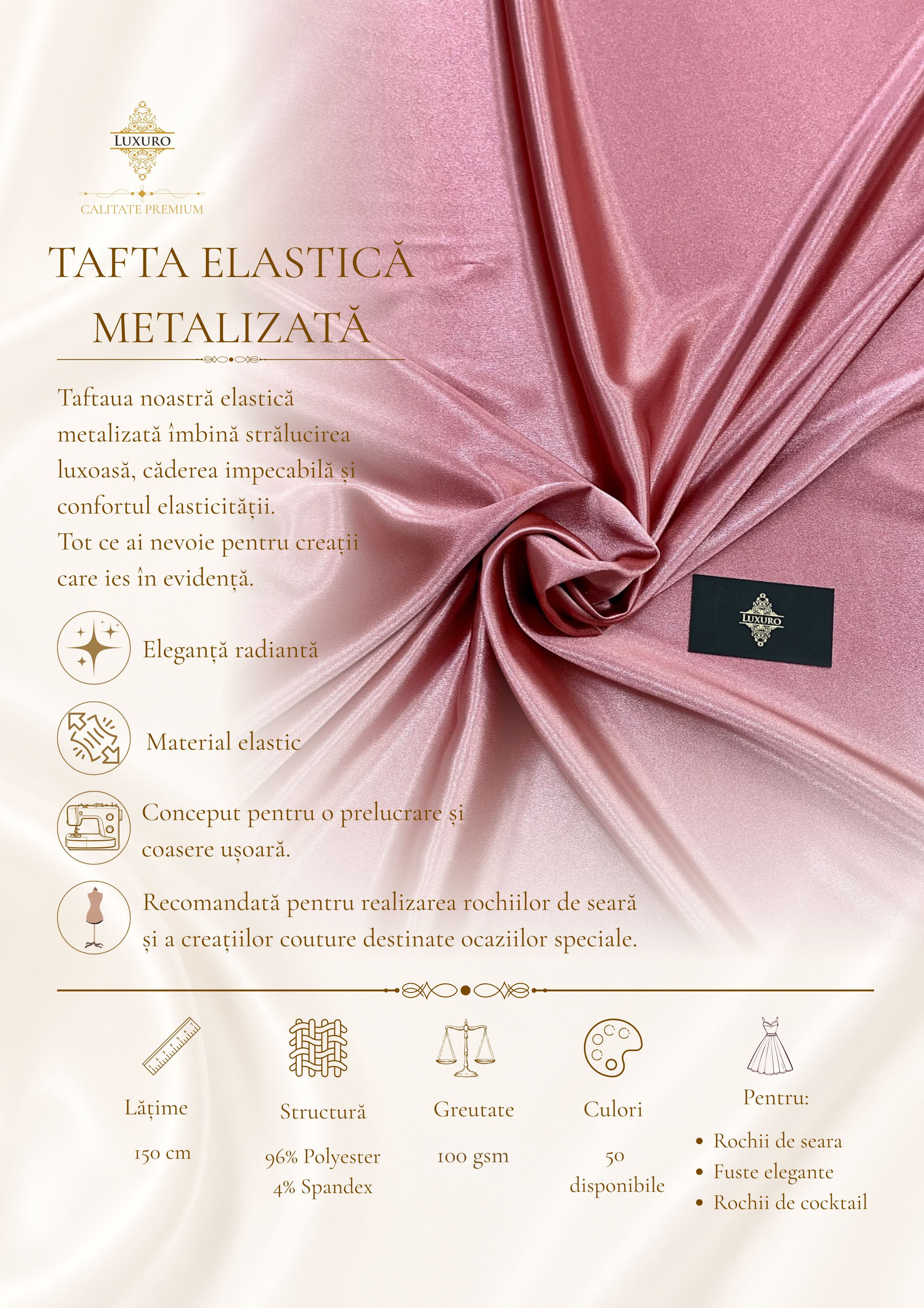 Rugalmas fémes taft, világos rózsaszín