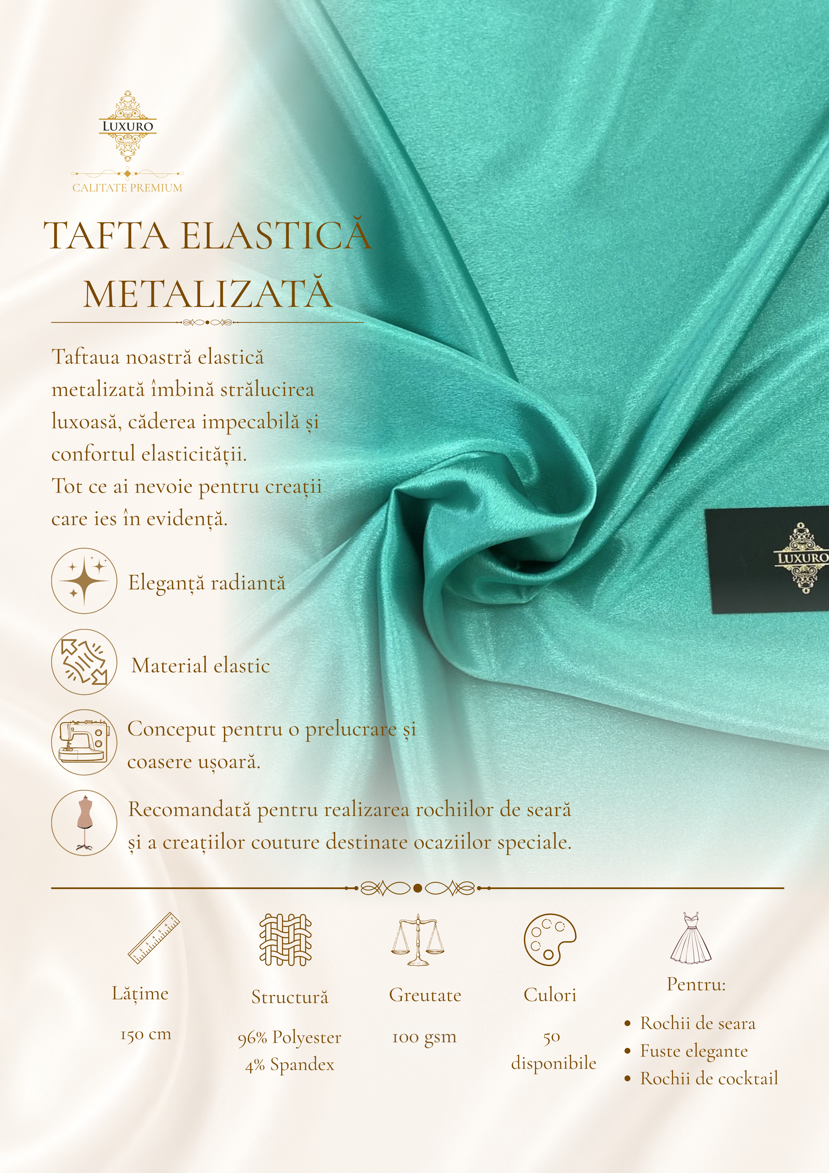 Sötét Türkiz Metálfényű Elasztikus Taft