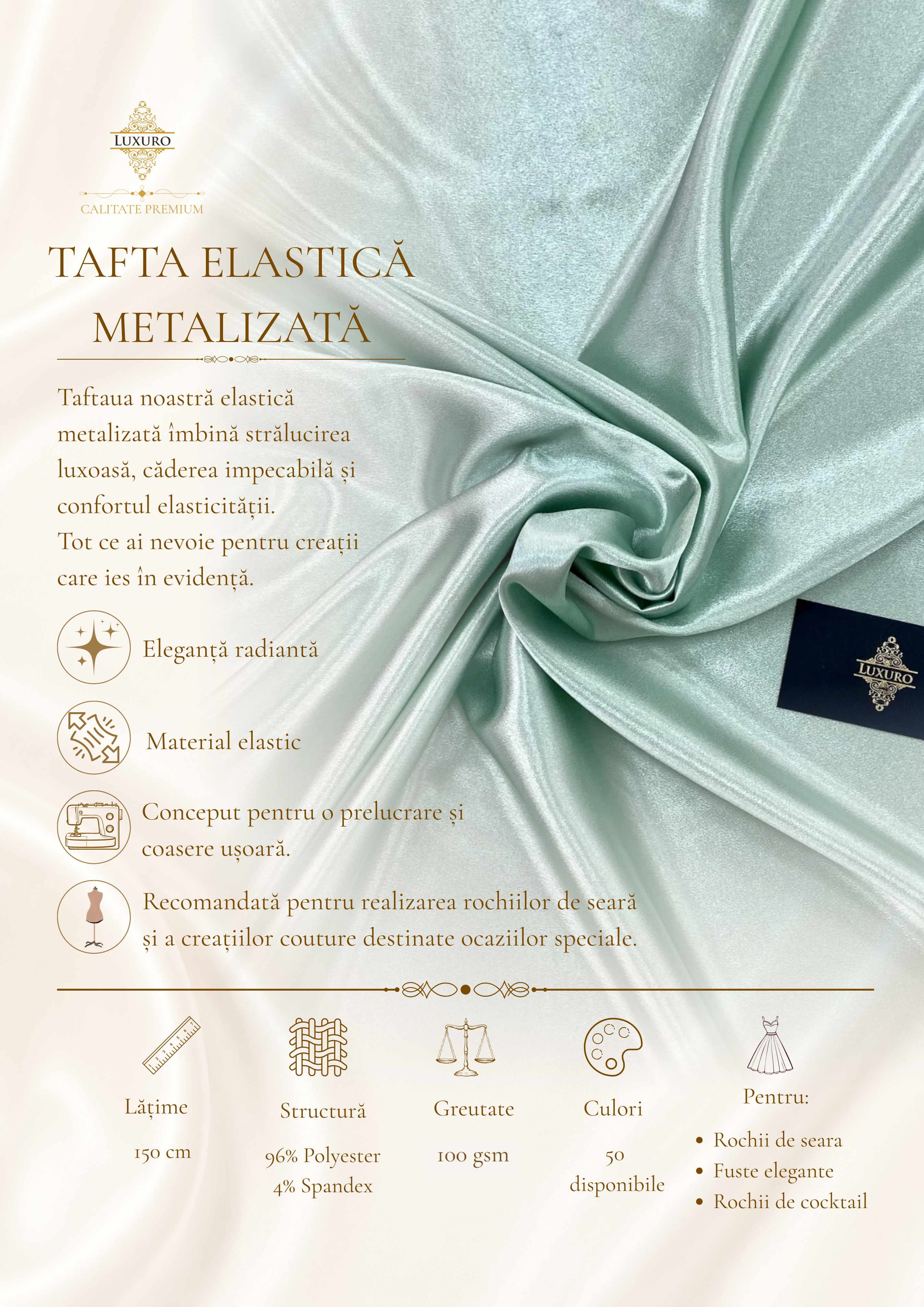 Metálfényű elasztikus taft, mentazöld