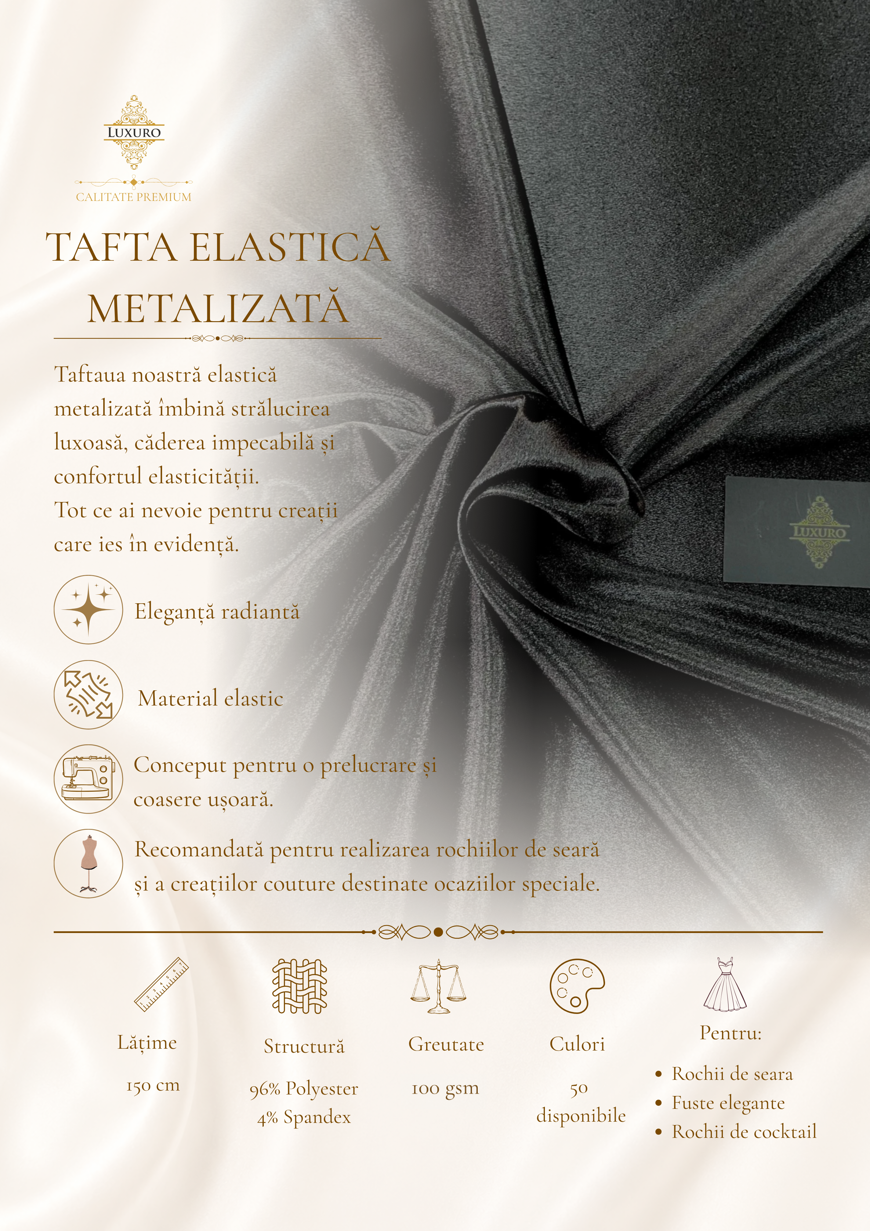 Fekete metálfényű elasztikus taft