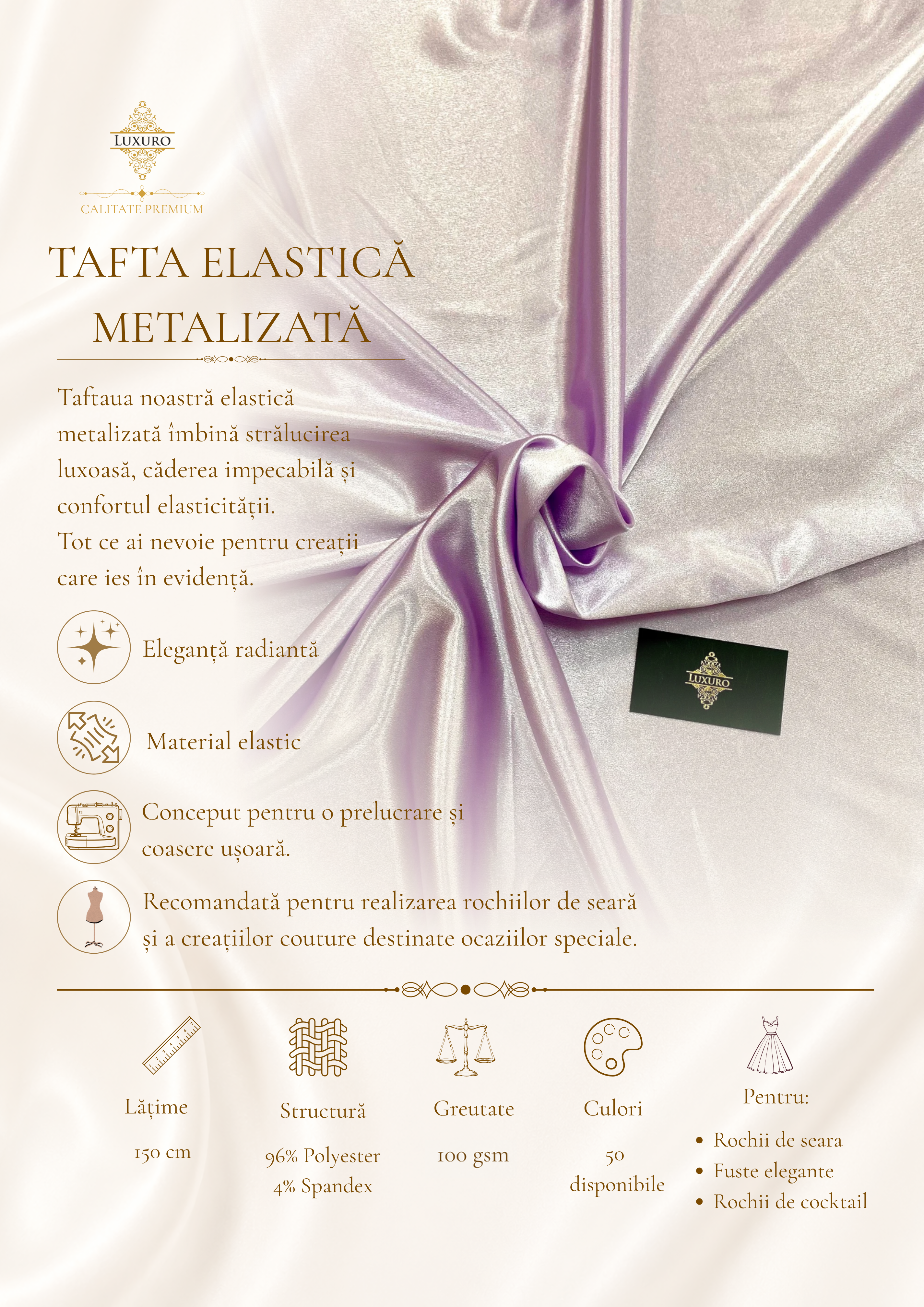 Világos levendula színű metálfényű elasztikus taft