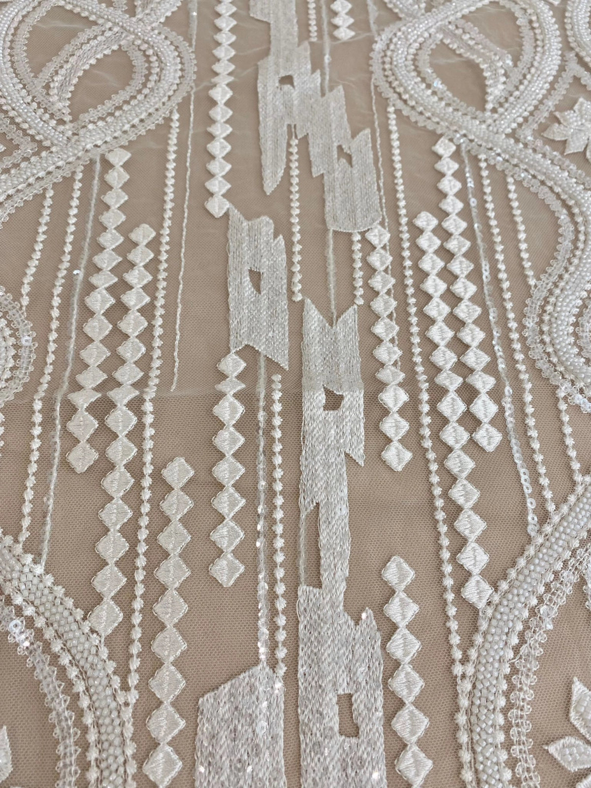 Ivory Lace with Geometric Pattern, with Pearls and Sequins