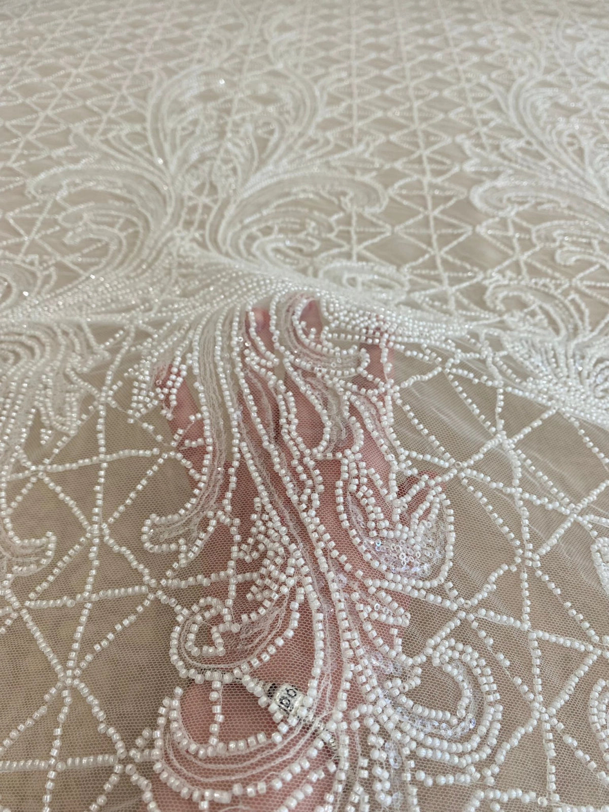 Ivory Lace with Geometric Pattern, with Pearls and Sequins