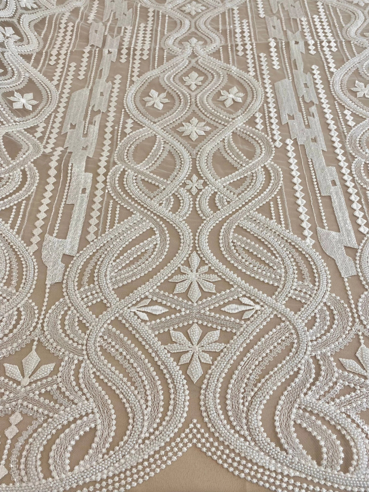 Ivory Lace with Geometric Pattern, with Pearls and Sequins