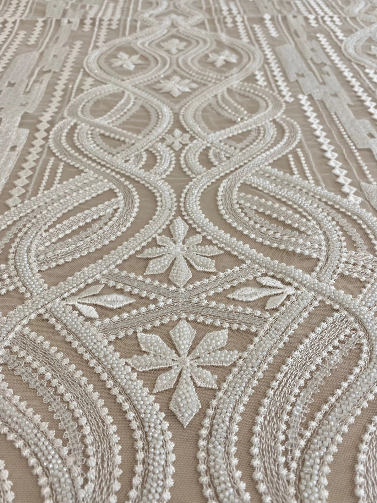 Ivory Lace with Geometric Pattern, with Pearls and Sequins