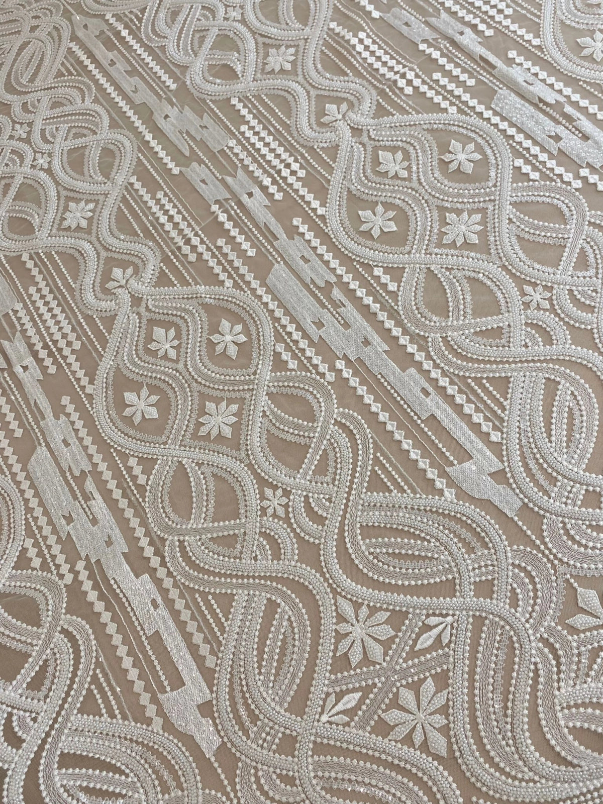 Ivory Lace with Geometric Pattern, with Pearls and Sequins