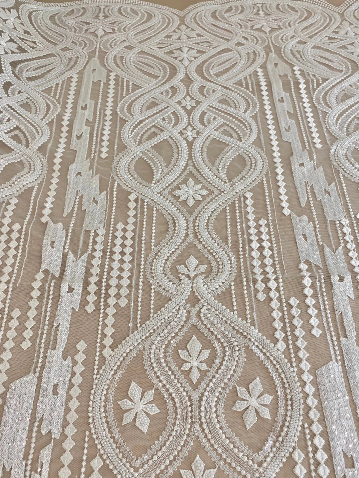 Ivory Lace with Geometric Pattern, with Pearls and Sequins