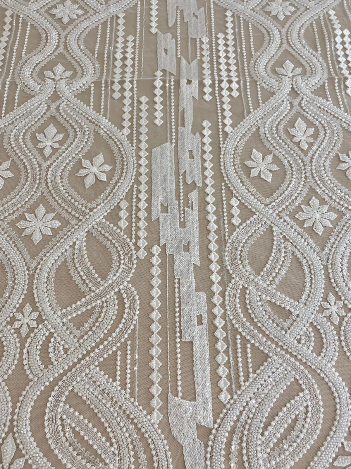 Ivory Lace with Geometric Pattern, with Pearls and Sequins