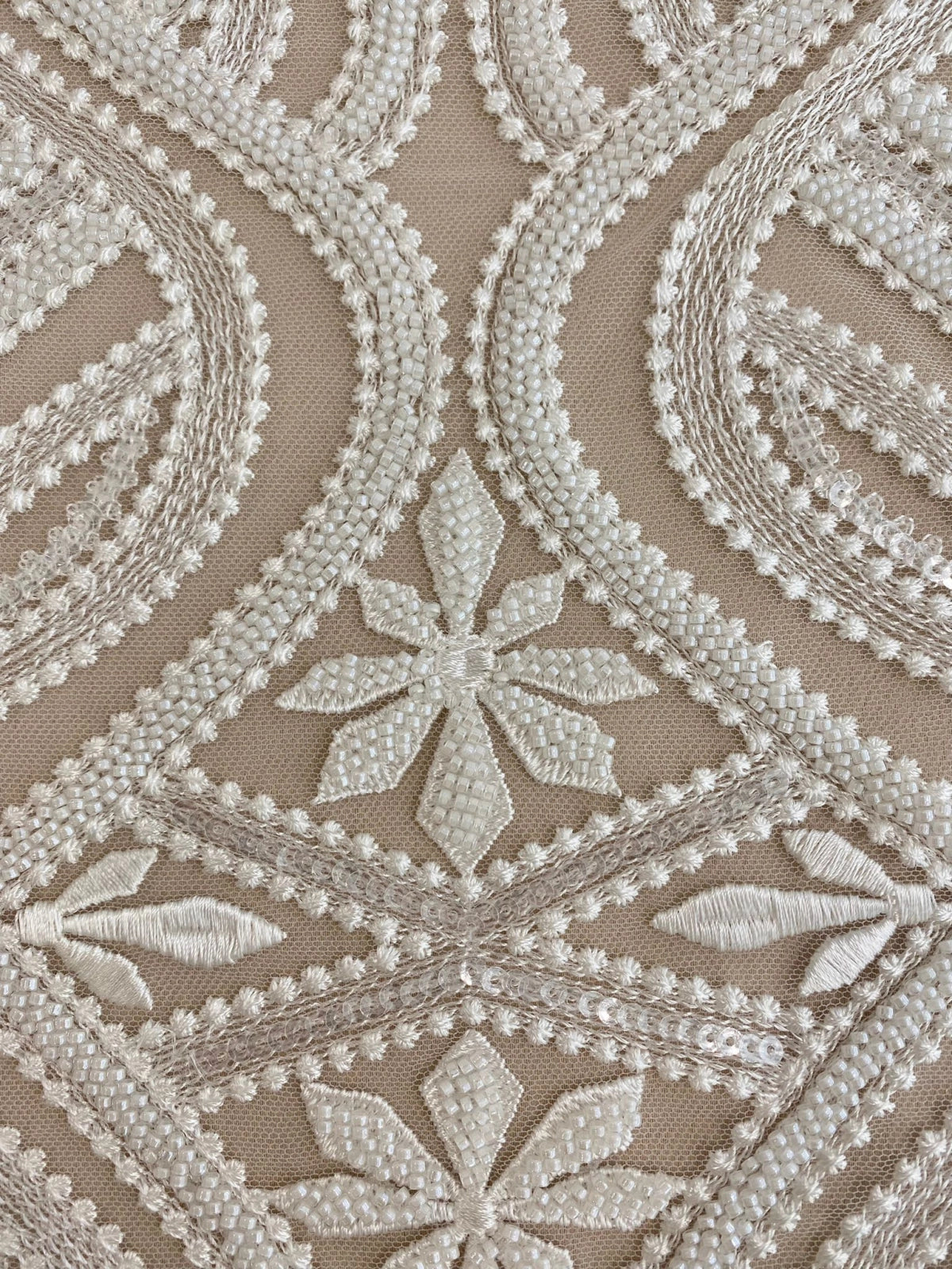 Ivory Lace with Geometric Pattern, with Pearls and Sequins
