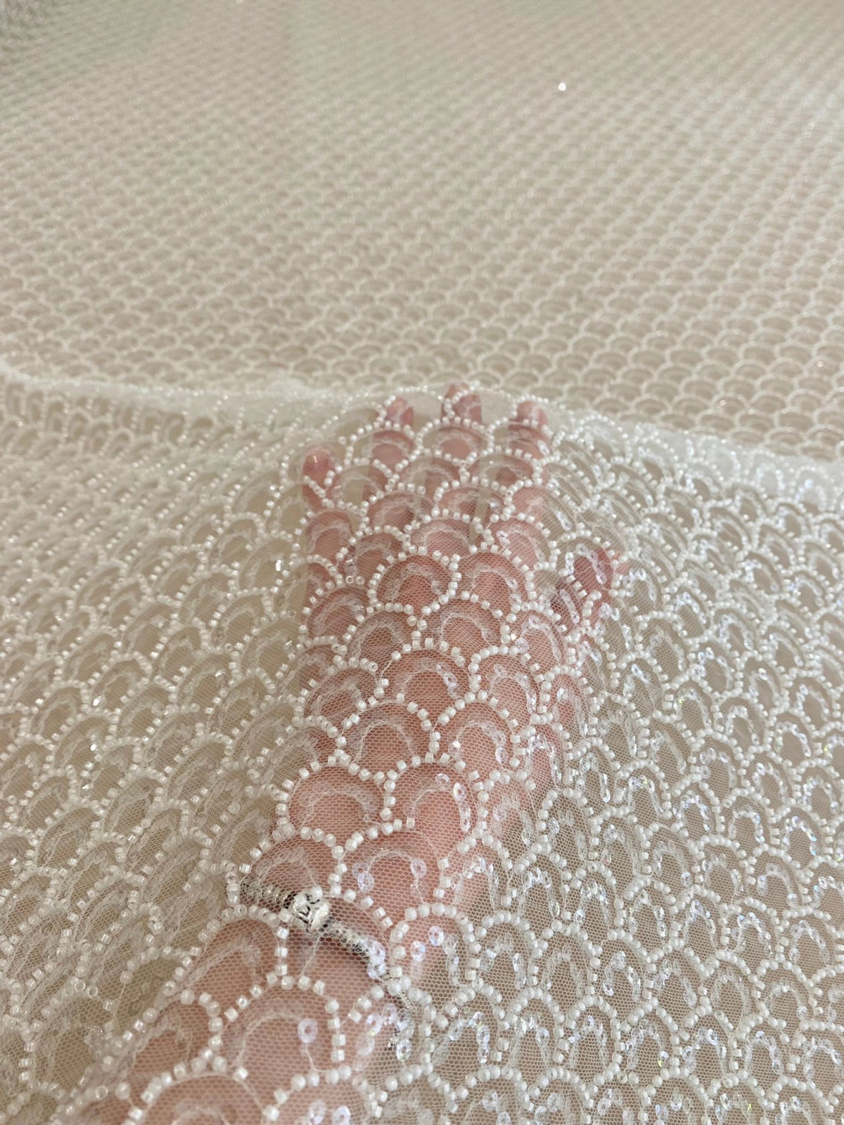 Ivory Lace with Geometric Pattern, with Pearls and Sequins