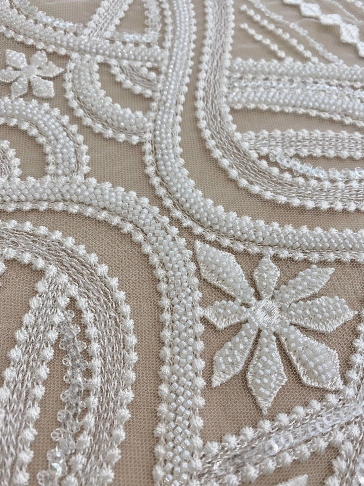 Ivory Lace with Geometric Pattern, with Pearls and Sequins