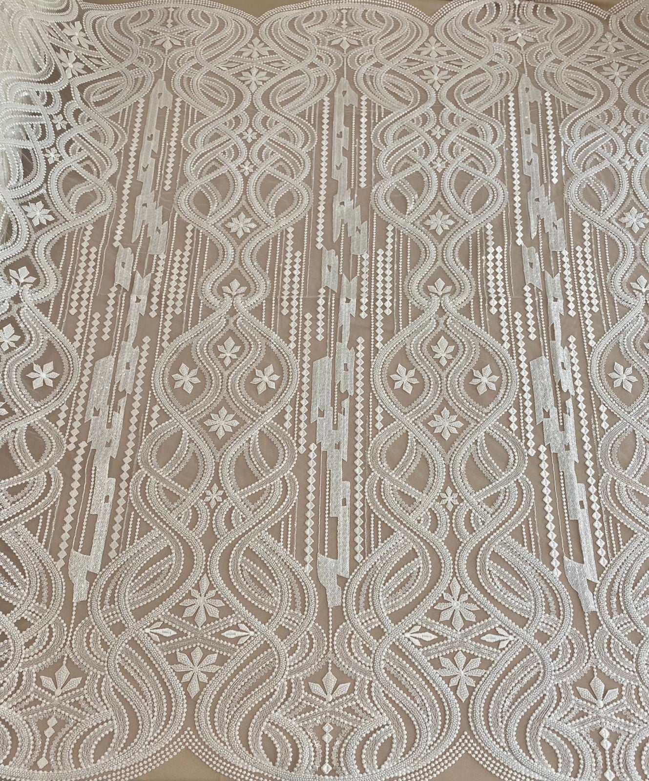 Ivory Lace with Geometric Pattern, with Pearls and Sequins
