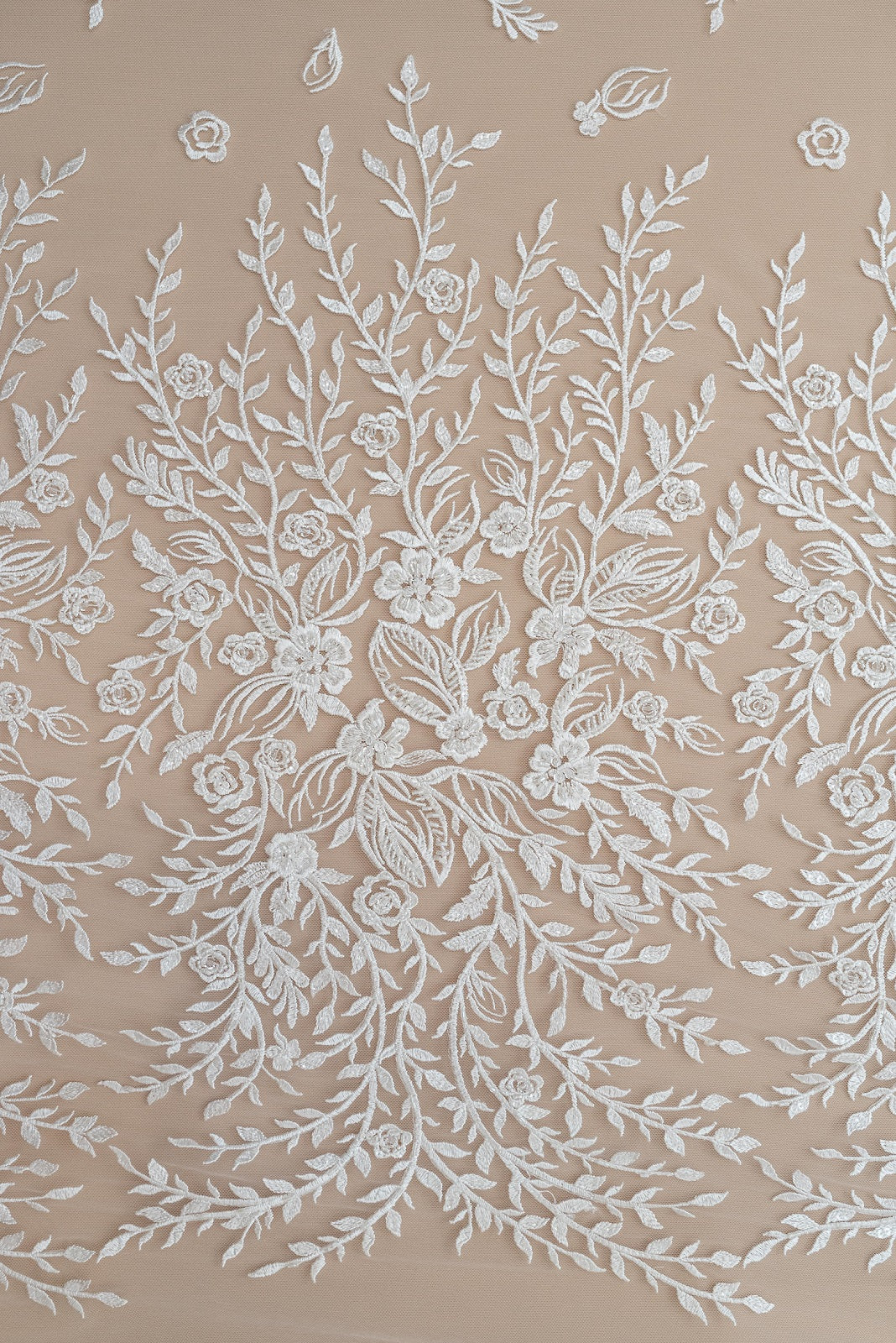 Lace with Flower and Leaf Pattern, with Crystals, Pearls and Sequins