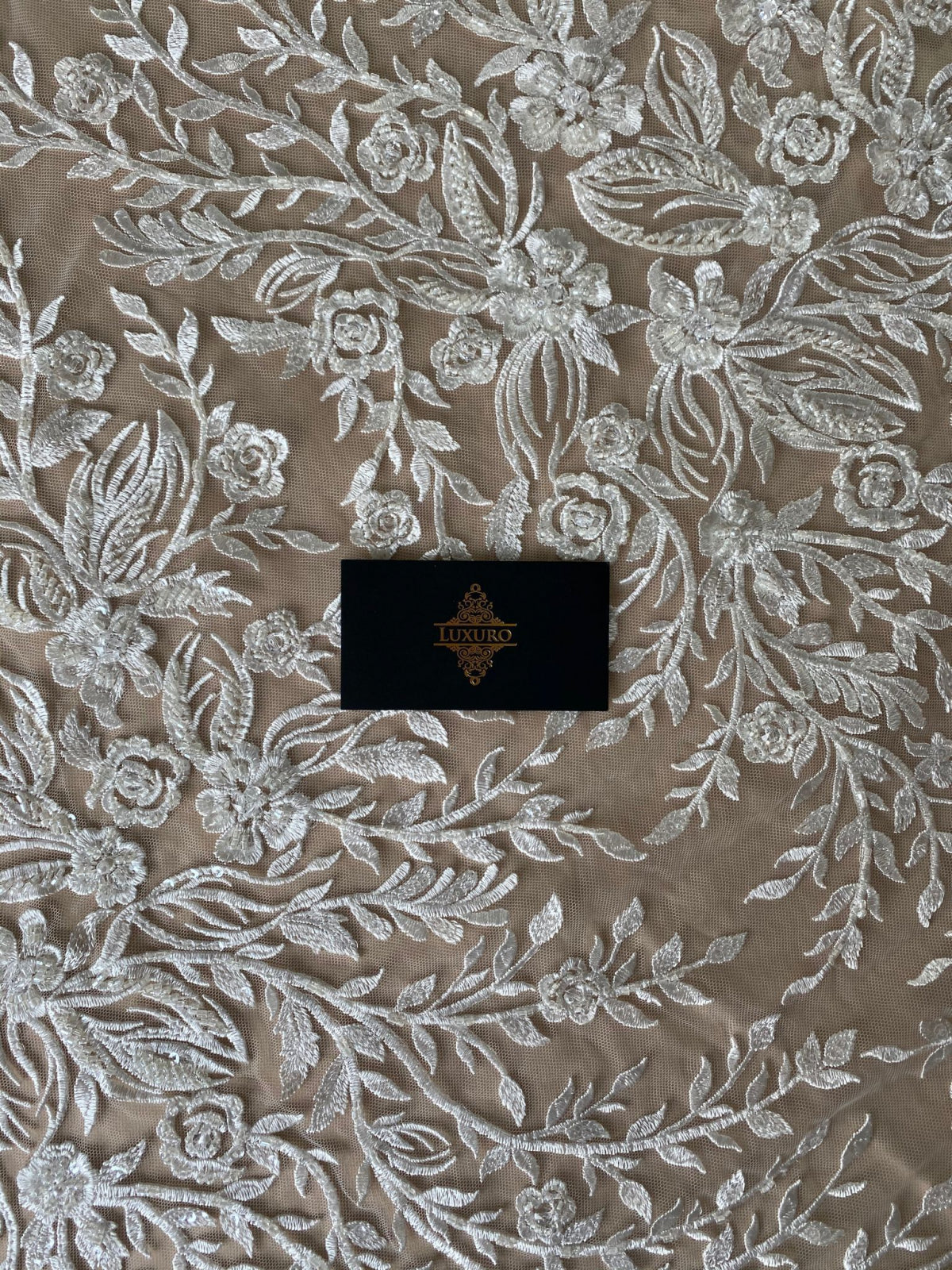 Lace with Flower and Leaf Pattern, with Crystals, Pearls and Sequins