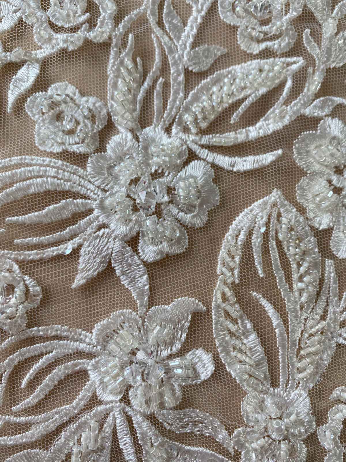 Lace with Flower and Leaf Pattern, with Crystals, Pearls and Sequins