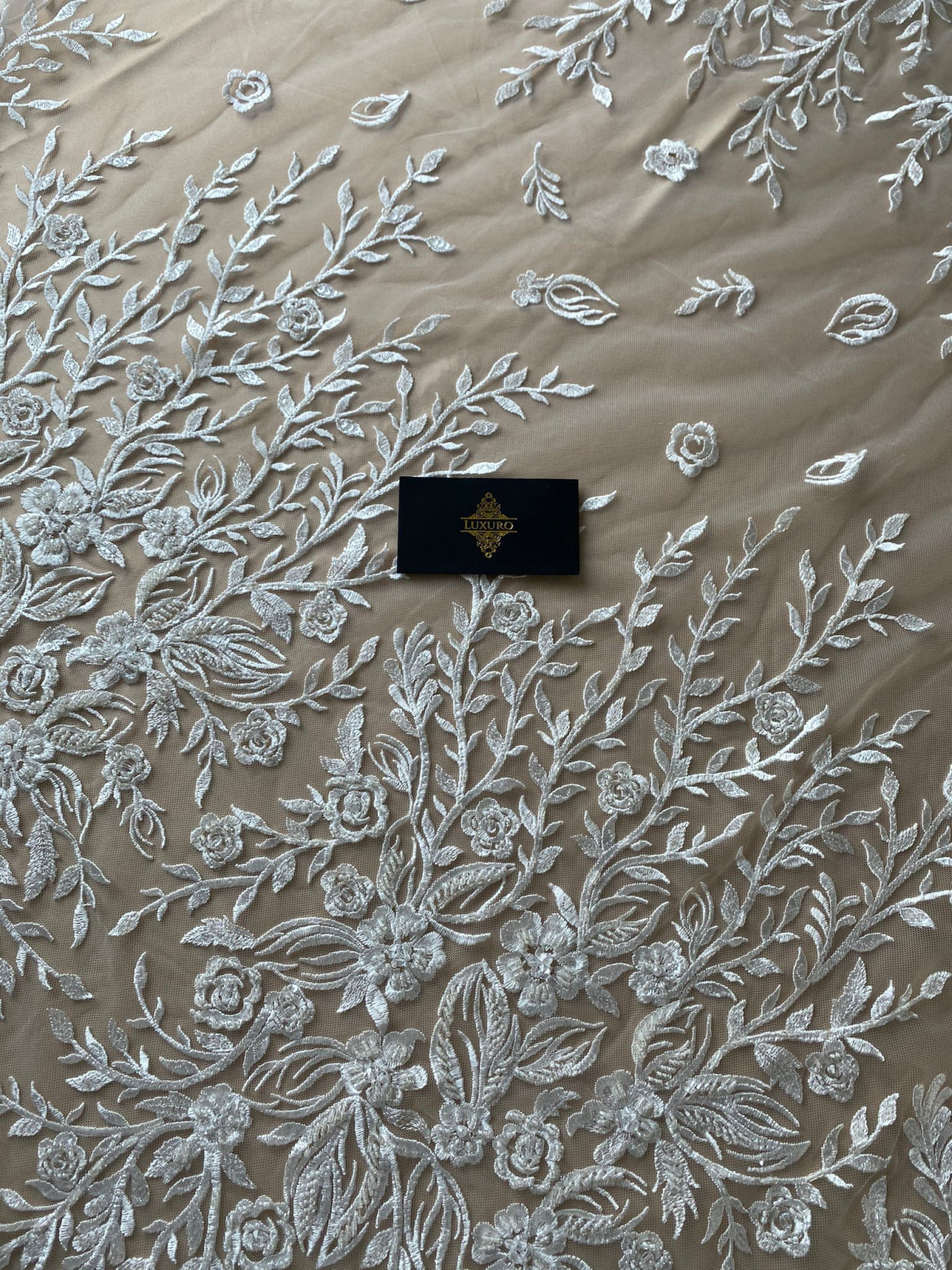 Lace with Flower and Leaf Pattern, with Crystals, Pearls and Sequins