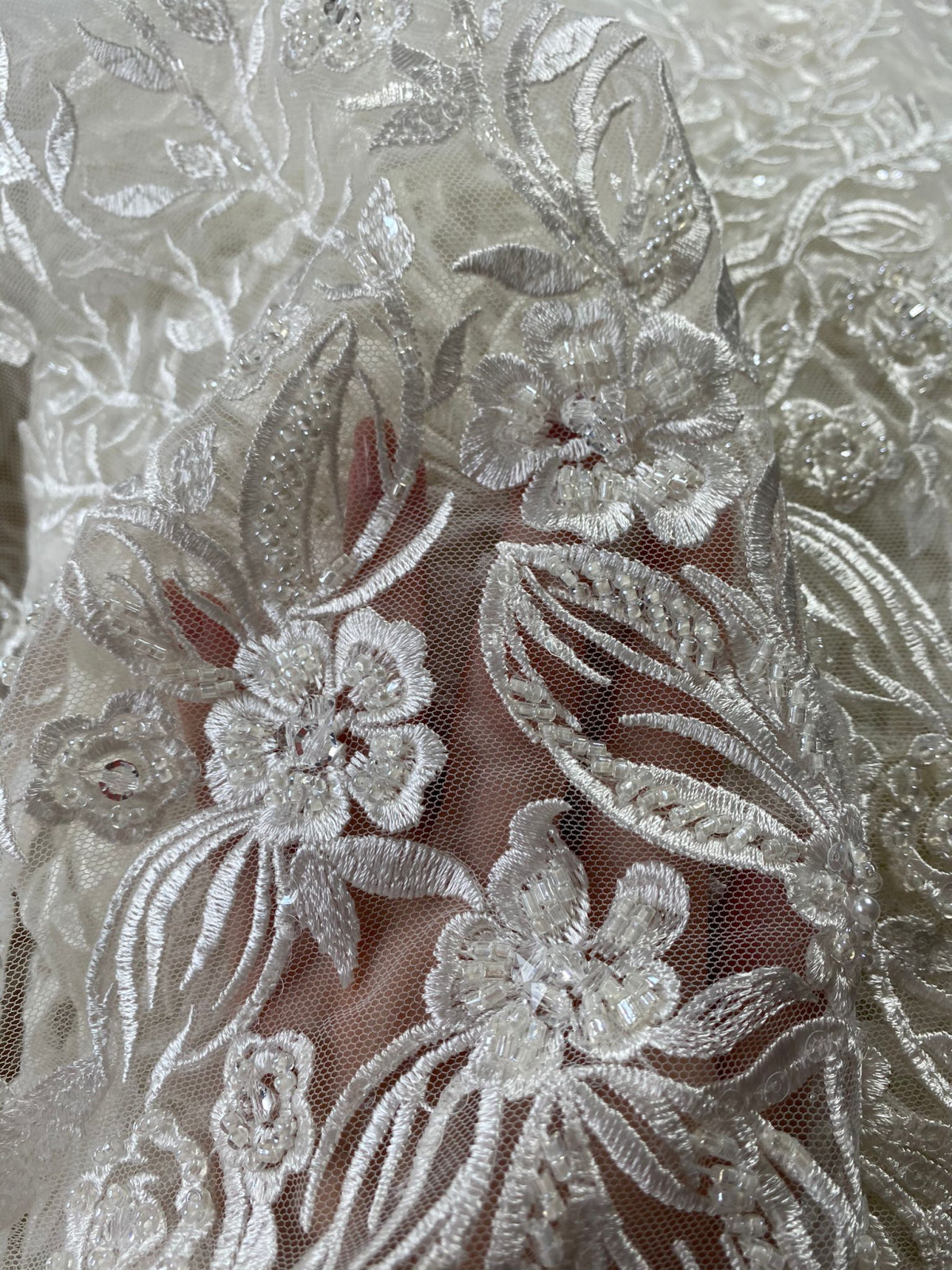 Lace with Flower and Leaf Pattern, with Crystals, Pearls and Sequins