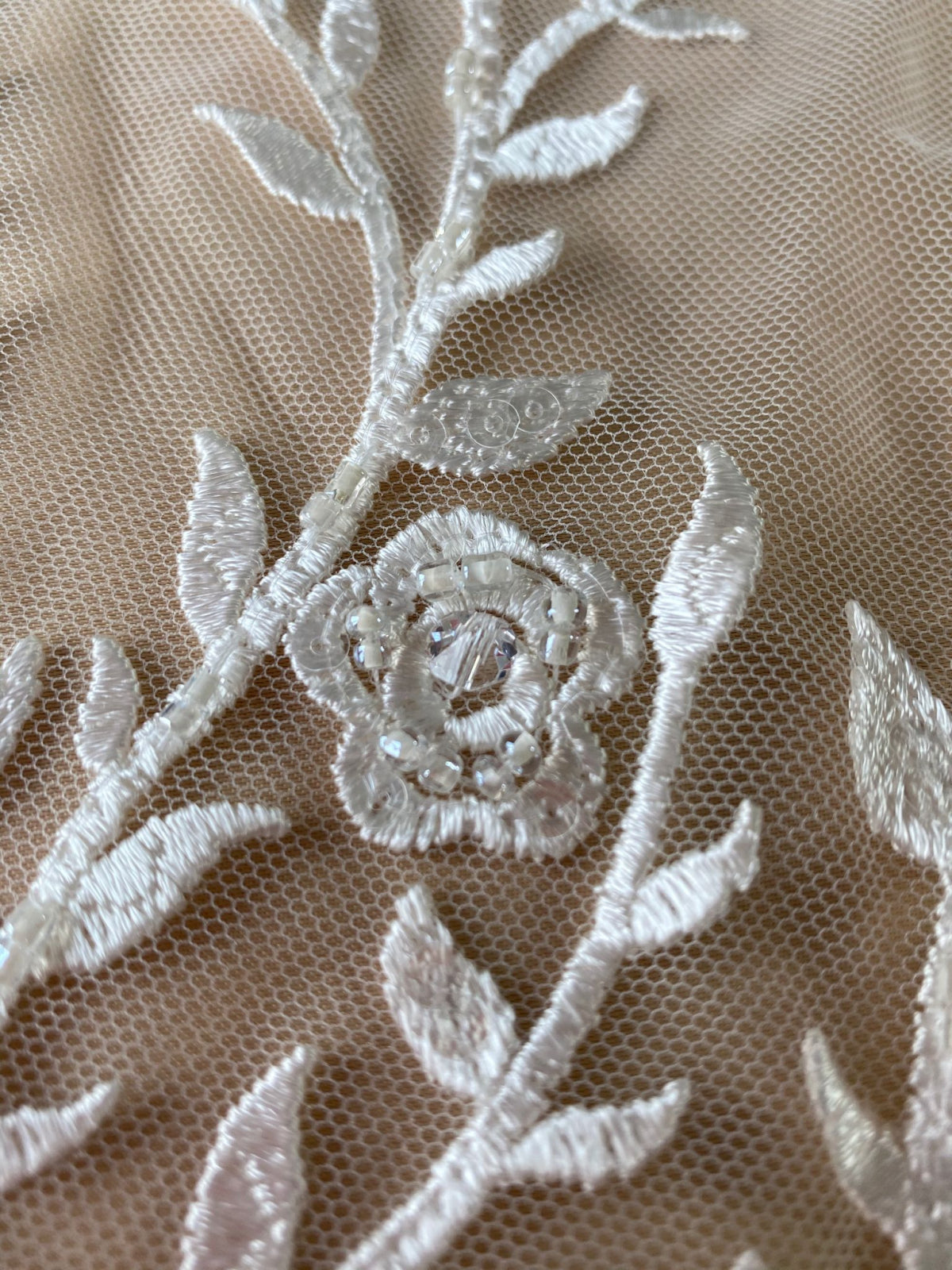 Lace with Flower and Leaf Pattern, with Crystals, Pearls and Sequins