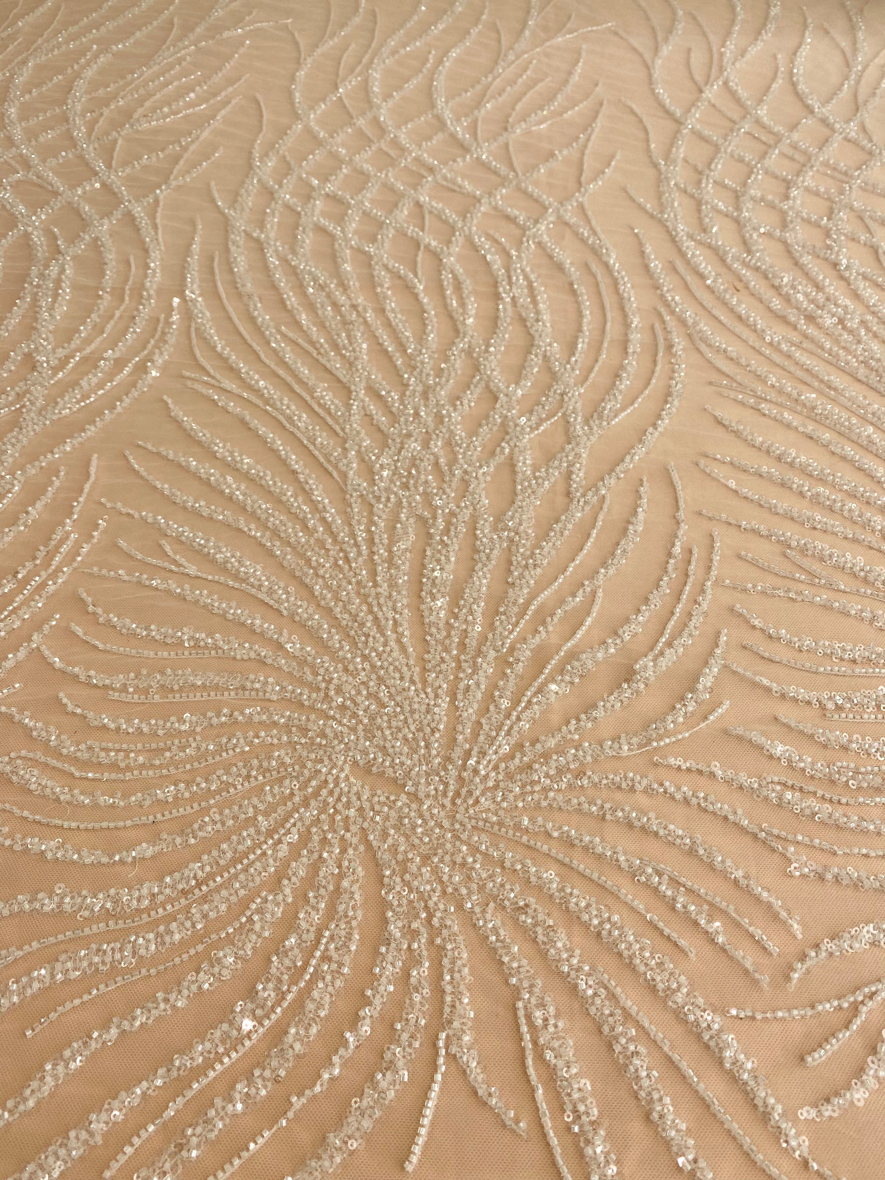 Ivory Lace with Geometric Pattern, with Beads and Sequins
