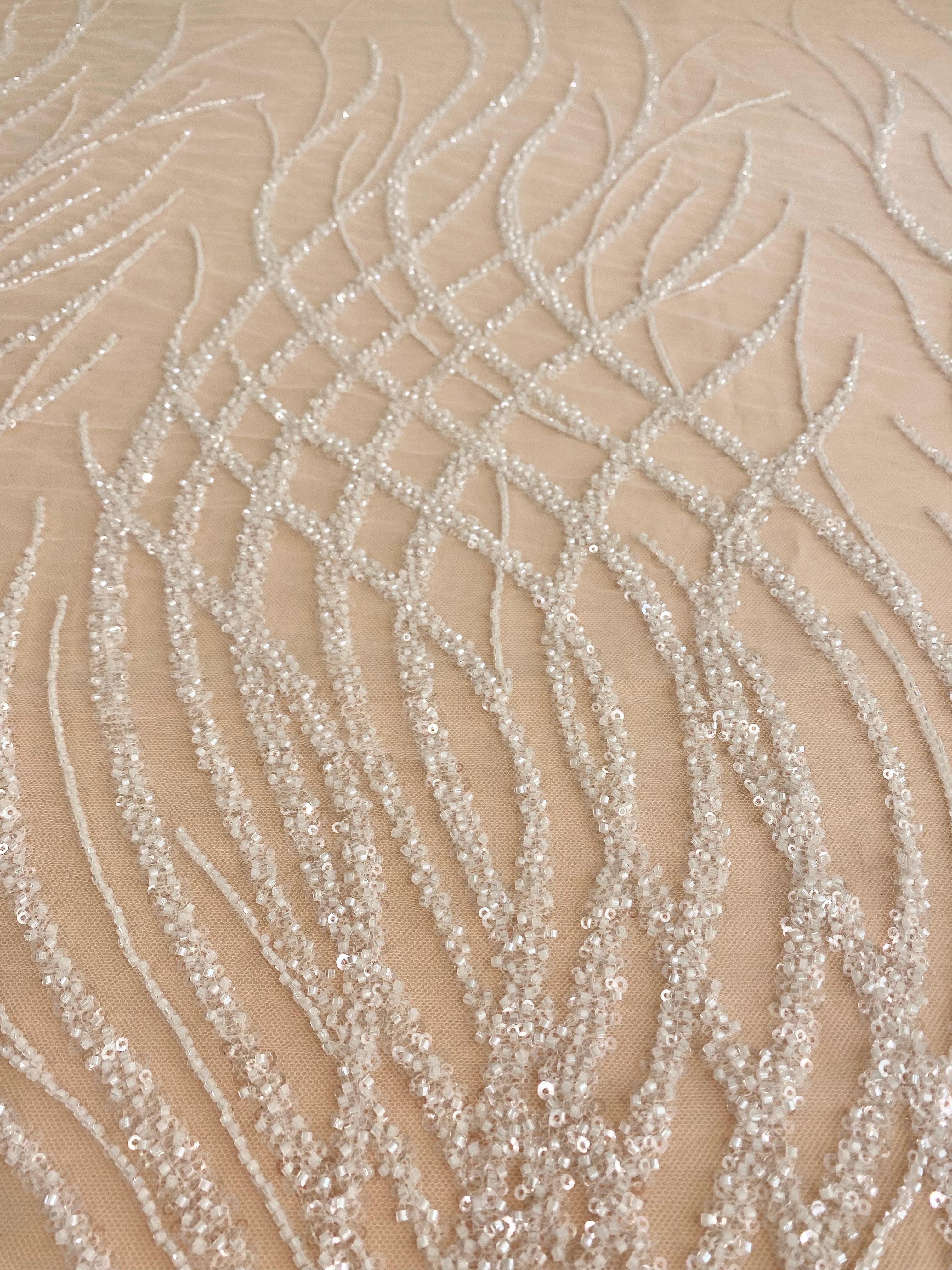 Ivory Lace with Geometric Pattern, with Beads and Sequins