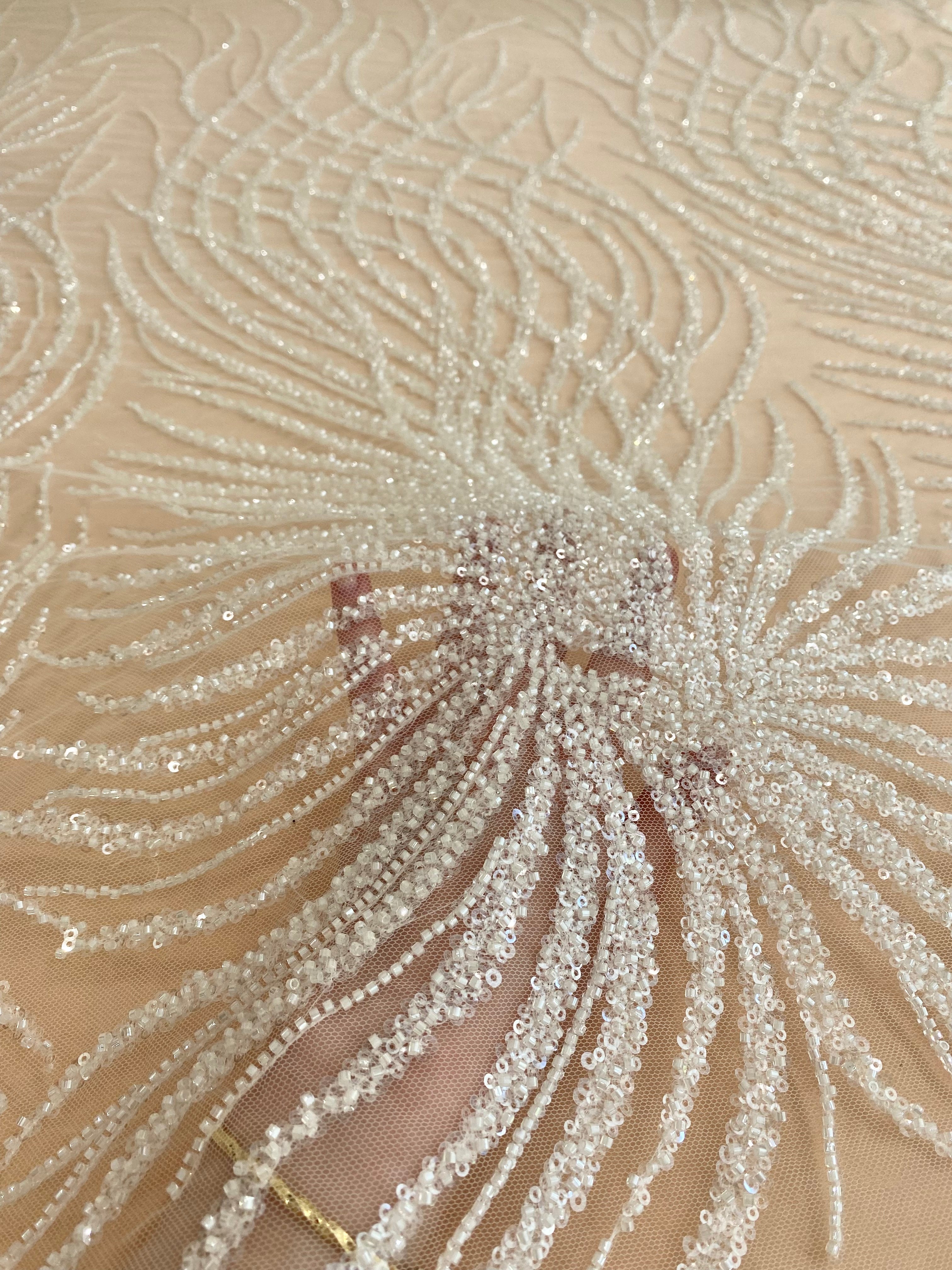 Ivory Lace with Geometric Pattern, with Beads and Sequins