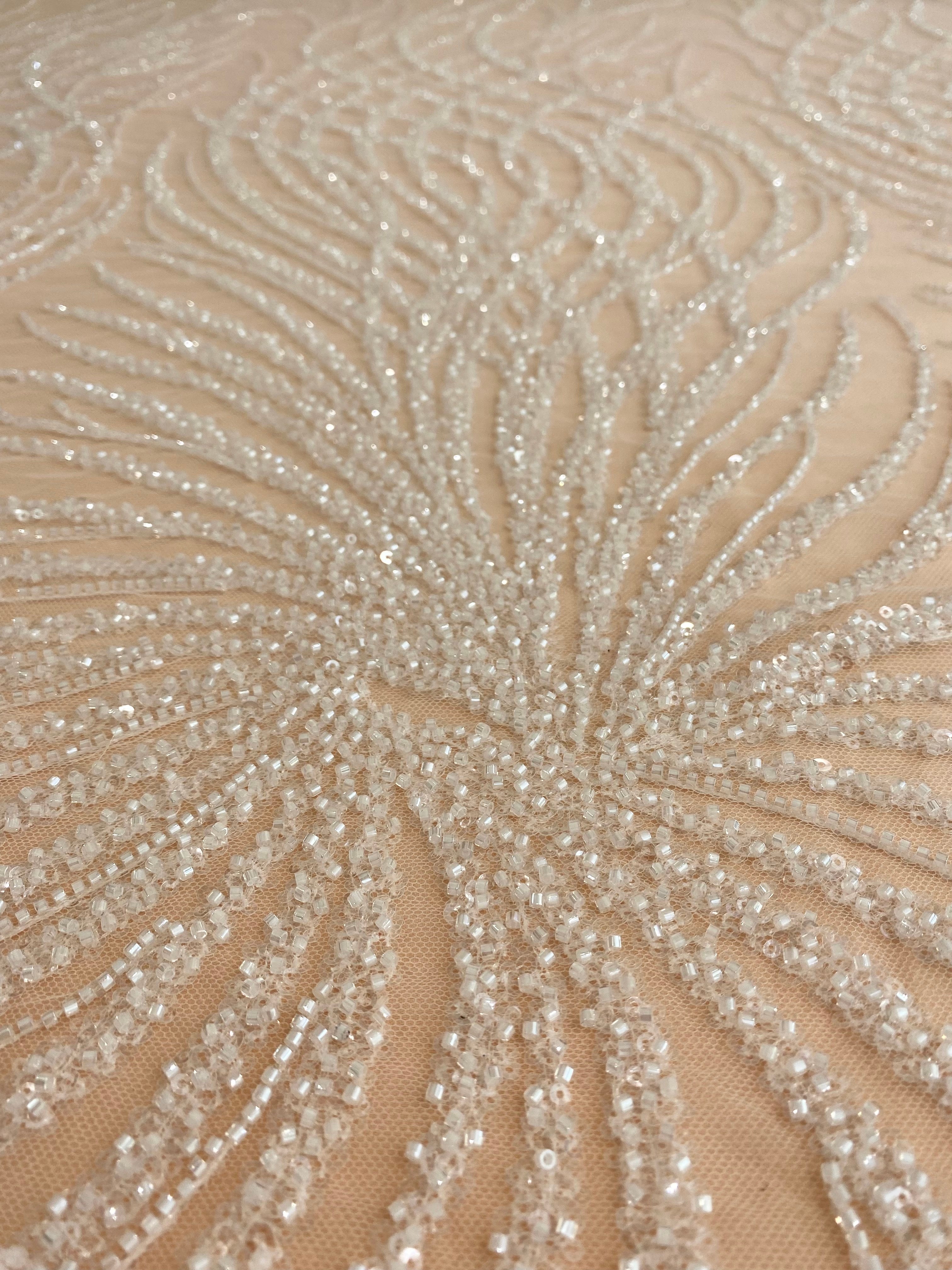 Ivory Lace with Geometric Pattern, with Beads and Sequins